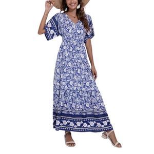 Amasoo Royal Blue & White Floral Half-Sleeve Maxi Dress Women & Plus Size S